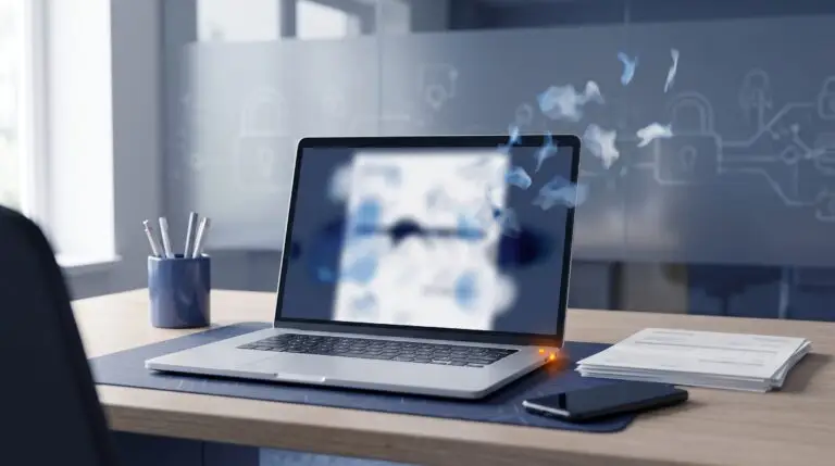 Laptop z fakturą na ekranie, z którego ulatują dokumenty: symbol wycieku danych z serwisu fakturowania.
